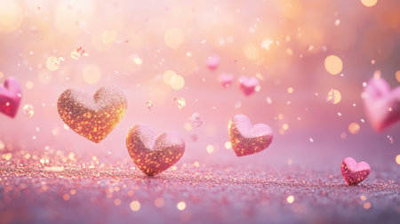 Enchanting scene featuring floating pink hearts surrounded by sparkles on a soft, dreamy background. Perfect for love, romance, and celebration themes.の素材