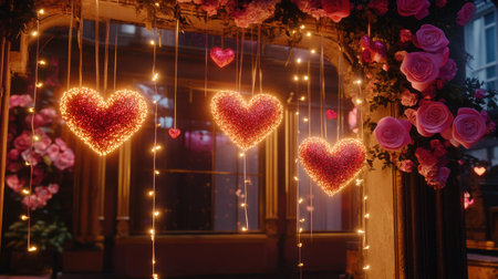 A beautiful scene featuring glittering hearts surrounded by lush flowers and soft lights, perfect for romantic events, celebrations, or decorations.の素材