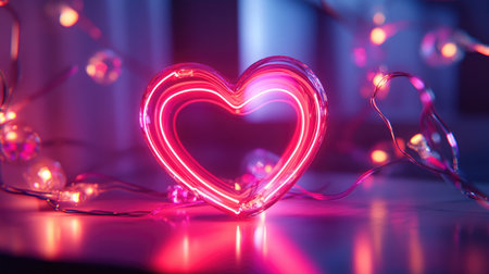 A vibrant neon heart-shaped light emits a pink glow, surrounded by colorful lights. This artistic decoration enhances romantic settings, perfect for celebrations or special moments.の素材