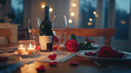 A romantic dinner setting showcasing wine glasses, red roses, and candles. Perfect for a special evening filled with love and intimacy.の素材
