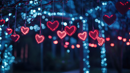 This enchanting image features romantic heart decorations illuminated by soft bokeh lights at night, creating a warm and inviting atmosphere perfect for celebrations.の素材