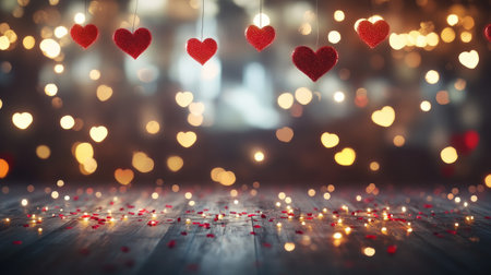 A stunning arrangement of red hearts dangling gracefully against a soft bokeh light backdrop, capturing the essence of love and warmth perfect for romantic themes.の素材