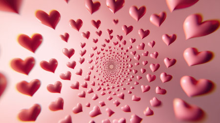 A mesmerizing swirling tunnel of pink hearts creates a whimsical background perfect for romantic themes, celebrations, and artistic projects, evoking feelings of love and joy.の素材