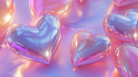 A collection of shiny glass hearts scattered on a soft, colorful background, perfect for romantic themes, celebrations, and artistic projects.の素材