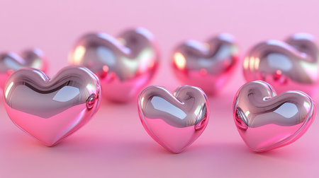 A collection of glossy pink hearts displayed on a soft pink background, perfect for romantic themes, celebrations, or artistic designs, evoking feelings of love and joy.の素材