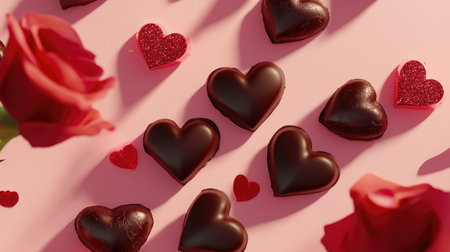 Delight in the romance of heart-shaped chocolates paired with elegant red roses on a soft pink background. Perfect for love-themed celebrations.の素材