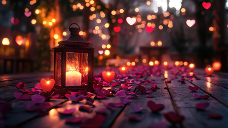 A beautifully lit lantern casts a warm glow beside scattered heart petals. The soft lights create a romantic atmosphere perfect for intimate settings or special celebrations.の素材