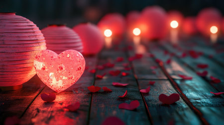 A beautiful arrangement of glowing lanterns and heart-shaped decorations surrounded by rose petals, creating a romantic and enchanting atmosphere. Ideal for love-themed events or celebrations.の素材