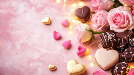 A beautiful arrangement of pink roses and assorted chocolates on a soft pink background. Ideal for romantic celebrations, gifts, and festive occasions.の素材