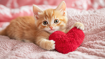 A charming orange fluffy kitten lies on a soft blanket, grasping a red heart pillow. This adorable scene captures the essence of love and warmth in a cozy home setting.の素材