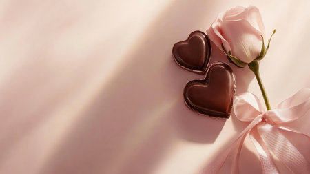 A beautiful arrangement of heart-shaped chocolates next to a delicate pink rose wrapped in ribbon, perfect for romantic occasions and celebrations of love.の素材