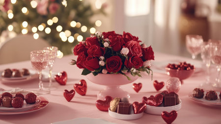 A beautifully arranged Valentine's Day table features a bouquet of red roses, heart-shaped chocolates, and elegant glassware, creating a romantic atmosphere.の素材