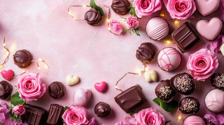 A beautiful display featuring pink roses and an assortment of chocolates, perfect for romantic occasions or celebrations, evoking love and delight.の素材