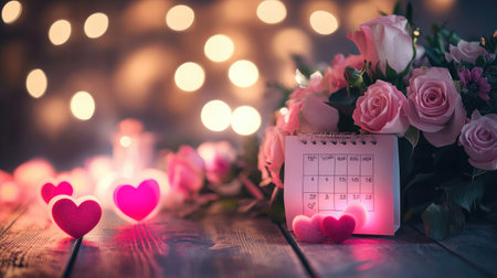 A romantic setup featuring a calendar, beautiful roses, and heart decorations. Perfect for love-themed events, this image captures warmth and intimacy.の素材