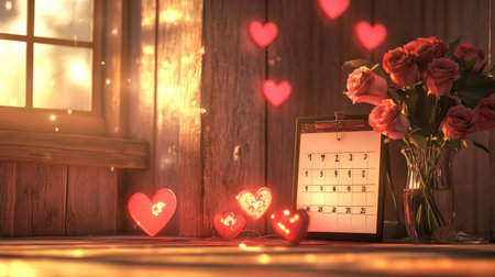 A serene romantic scene featuring a calendar, roses in a vase, and floating hearts, perfect for celebrating love and special moments in a cozy atmosphere.の素材