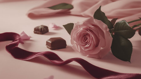 A serene composition featuring a soft pink rose, rich chocolates, and a delicate ribbon on a gentle fabric. Perfect for romantic themes and celebrations.の素材