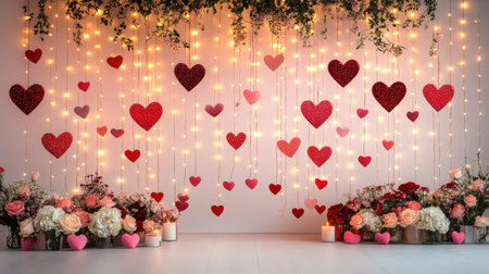 This captivating backdrop features hanging hearts, soft lights, and blooming flowers, creating a perfect romantic ambiance for celebrations or special events.の素材