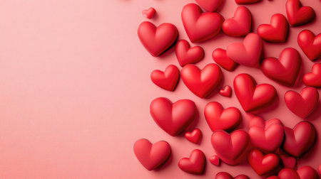 A collection of vibrant red hearts scattered on a soft pink surface, perfect for representing love and romance in creative projects or celebrations.の素材