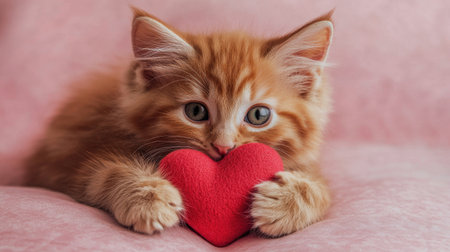 An endearing ginger kitten embraces a heart-shaped plush toy, radiating warmth and affection. This adorable scene captures the essence of love and companionship, perfect for pet enthusiasts.の素材