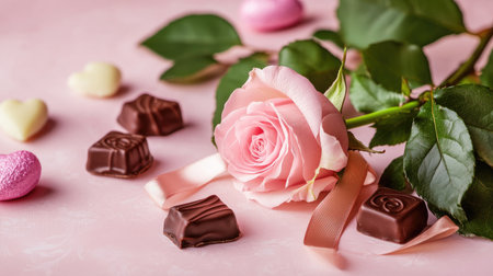 A beautiful pink rose accompanied by assorted chocolates and heart-shaped candies on a soft pink background, perfect for romantic occasions and celebrations.の素材