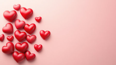 A collection of vibrant red hearts arranged on a soft pink background, perfect for conveying love and affection in various romantic contexts.の素材