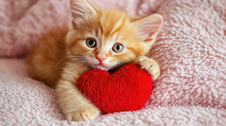This charming image features an adorable orange kitten cuddling a plush red heart on a soft blanket, embodying warmth and affection in a cozy setting.の素材