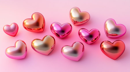 A collection of colorful heart shapes in various sizes resting on a soft pink background. Perfect for themes of love, romance, and celebrations.の素材