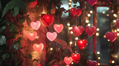 Bright and colorful heart decorations hang against a lush backdrop, creating a warm and romantic atmosphere perfect for celebrations or artistic displays.の素材
