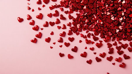 A beautiful spread of glittering red hearts on a soft pink background, perfect for celebrations, Valentine's Day, or romantic occasions.の素材