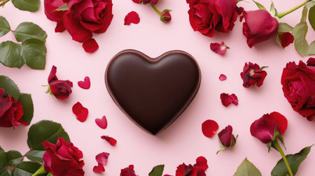 A beautiful heart-shaped chocolate surrounded by vibrant red roses rests on a pink background, perfect for romantic celebrations and gifts.の素材