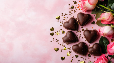 A beautiful arrangement of chocolate hearts on a pink background, surrounded by fresh roses and golden confetti. Perfect for celebrating love and special occasions.の素材