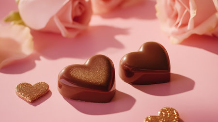 Two glossy heart-shaped chocolates sit on a pink surface surrounded by delicate roses. This romantic setup is perfect for celebrations, gifts, or special occasions.の素材