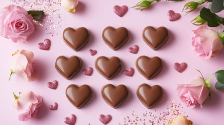 A charming arrangement of chocolate hearts and delicate roses on a soft pink surface, perfect for romantic celebrations, gifts, and desserts.の素材