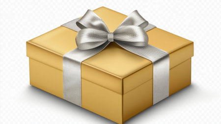 An elegant gold gift box adorned with a shiny silver ribbon, perfect for any celebration or special occasion. Ideal for festive events and joyful moments.の素材