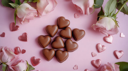 A delightful arrangement of chocolate heart shapes surrounded by pastel pink roses and shimmering confetti, ideal for romantic occasions and celebrations.の素材