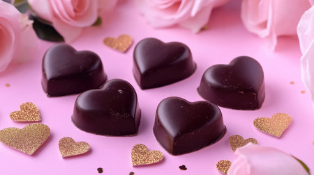 Delight in these heart-shaped dark chocolates set against soft pink, adorned with roses and golden accents. Perfect for romantic occasions and celebrations!の素材