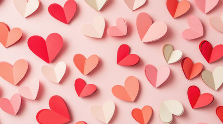 A vibrant arrangement of colorful paper hearts in various sizes and shades of pink and red, creating a playful and cheerful atmosphere perfect for love-themed occasions.の素材