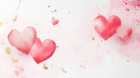 This beautiful watercolor artwork features soft red and pink hearts with golden accents on a delicate background, perfect for romantic themes.の素材