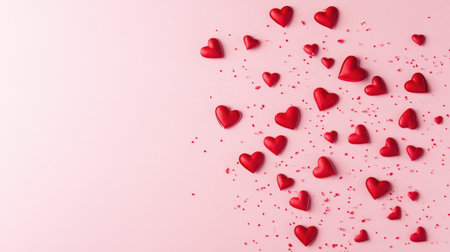 A vibrant display of red hearts scattered across a soft pink background. This image captures the essence of love and affection, perfect for romance-themed projects.の素材