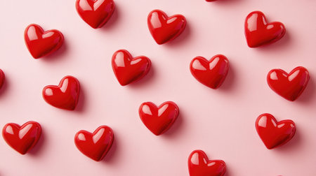 Vivid red heart shapes are stylishly arranged on a soft pink surface, creating an inviting atmosphere perfect for expressing love and affection.の素材