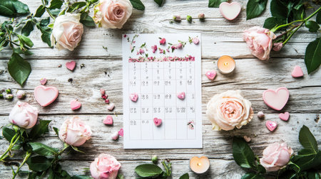 A romantic arrangement featuring a floral calendar surrounded by soft pink roses, decorative hearts, and glowing candles on rustic wood. Perfect for planning special moments.の素材