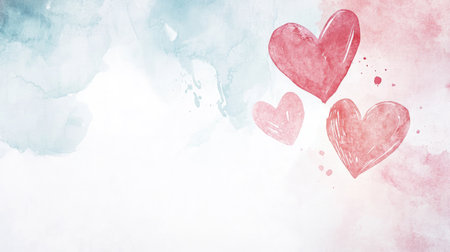 Beautiful watercolor background featuring soft blue and pink hues with hand-drawn hearts, perfect for romantic themes, cards, and celebrations.の素材