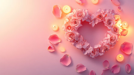 A beautiful heart-shaped arrangement of pink roses and petals surrounded by soft candlelight. Perfect for romantic settings, weddings, or celebrations.の素材