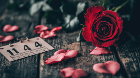 A stunning red rose rests beside a calendar and scattered petals on a rustic wooden table. This romantic arrangement evokes feelings of love and celebration, making it perfect for anniversaries or special occasions.の素材