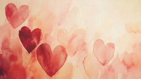 This beautiful watercolor artwork features soft hearts in warm tones of red and pink, creating a romantic and dreamy atmosphere ideal for various projects.の素材