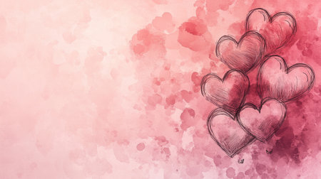 This charming illustration features heart-shaped balloons in a soft pink watercolor setting, perfect for romantic themes or celebrations of love and affection.の素材