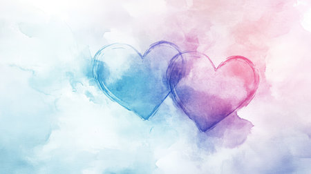 This soft watercolor illustration features two overlapping hearts in blue and pink, set against a dreamy pastel background, perfect for conveying love and affection.の素材