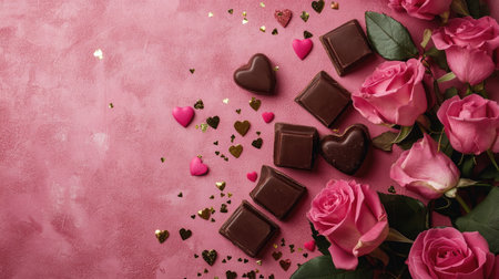 A beautiful composition featuring pink roses and dark chocolate pieces on a soft pink background, perfect for romantic occasions and celebrations of love.の素材