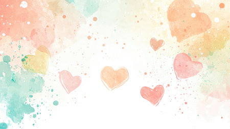 This charming watercolor illustration features soft hearts and colorful splashes, creating a cheerful and romantic atmosphere, perfect for celebrations or greetings.の素材