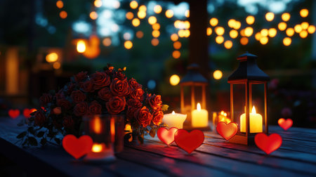 Delight in a romantic outdoor evening setting featuring glowing candles, heart decorations, and vibrant roses. The warm ambiance creates an intimate atmosphere perfect for celebrations.の素材
